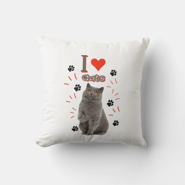 Ik ❤️ Katten – Cute Kat & Pootafdruk Ontwerp Kussen (Voorkant)