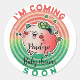 Ik kom binnenkort het Baby shower van Funny Red Fr Ronde Sticker