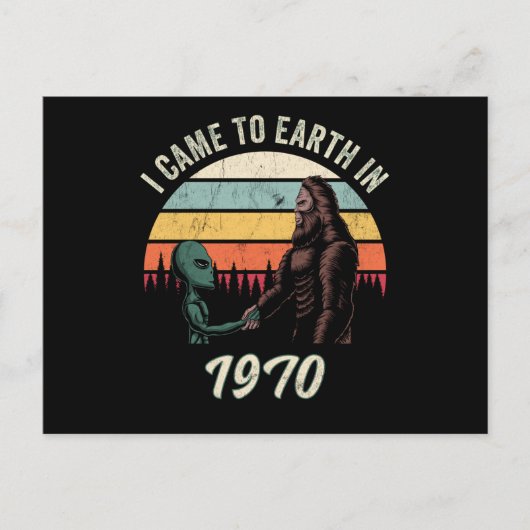 Ik kwam in 1970 naar de aarde Alien & Bigfoot Briefkaart (Voorkant)