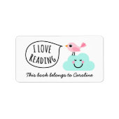 Ik lees graag roze vogel gelukkige wolk bookplate etiket (Voorkant)