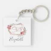 Ik maak roze bloemen bleekroze bloemen groen sleutelhanger (Achterkant)