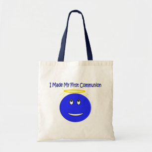 Ik maakte mijn eerste mededeling blauw tote bag