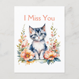 Ik mis je   Grijze kitten in roze bloemen Briefkaart