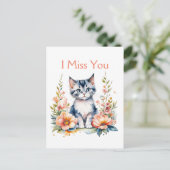Ik mis je | Grijze kitten in roze bloemen Briefkaart (Staand voorkant)