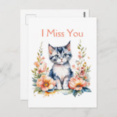 Ik mis je | Grijze kitten in roze bloemen Briefkaart (Voorkant / Achterkant)
