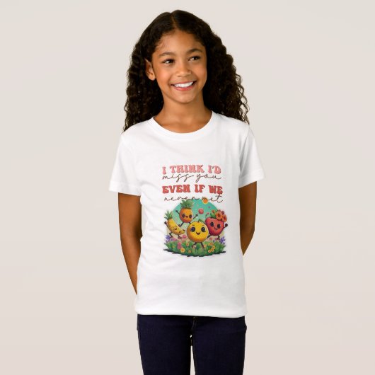 Ik mis je groep gelukkige fruitpersonages die dans t-shirt (Voorkant volledig)