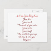 Ik mis je, mijn liefdesgedicht rood op rood briefkaart (Voorkant / Achterkant)