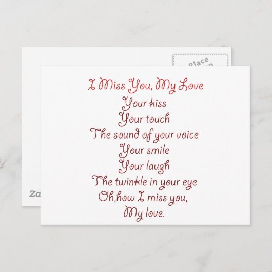 Ik mis je, mijn liefdesgedicht rood op rood briefkaart (Voorkant / Achterkant)