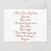 Ik mis je, mijn liefdesgedicht rood op rood briefkaart (Voorkant)