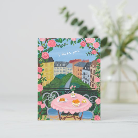 Ik mis je Paris Balcony Tea w Uitzichten Art Briefkaart (Staand voorkant)