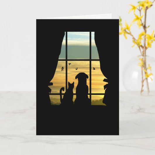 Ik mis je Schattigee hond en kat in het raam Kaart (Gele Bloem)