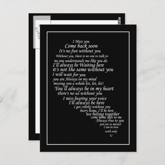 Ik mis je tekst in half hart briefkaart (Voorkant / Achterkant)