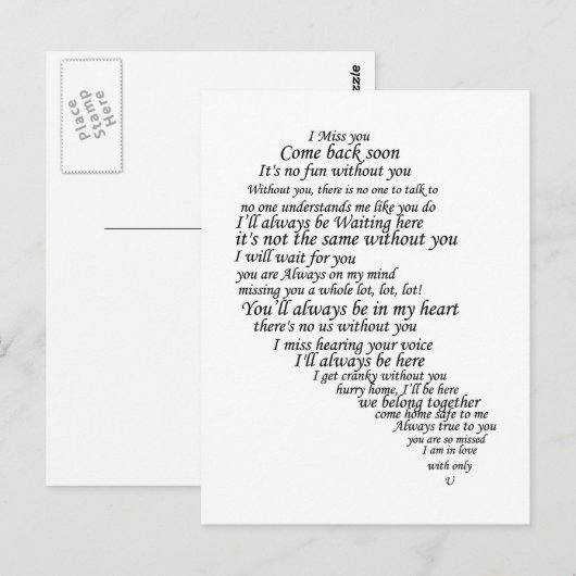 Ik mis je tekst in half hart briefkaart (Voorkant / Achterkant)