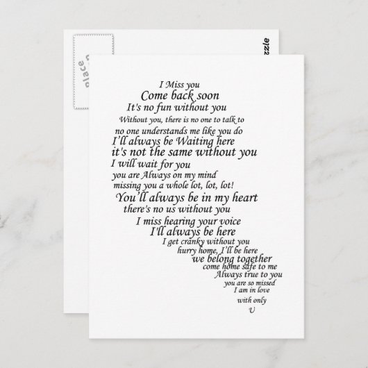 Ik mis je tekst in half hart briefkaart (Voorkant / Achterkant)