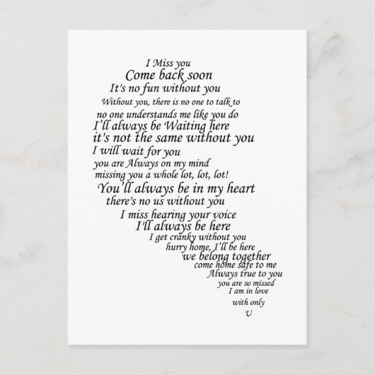 Ik mis je tekst in half hart briefkaart (Voorkant)