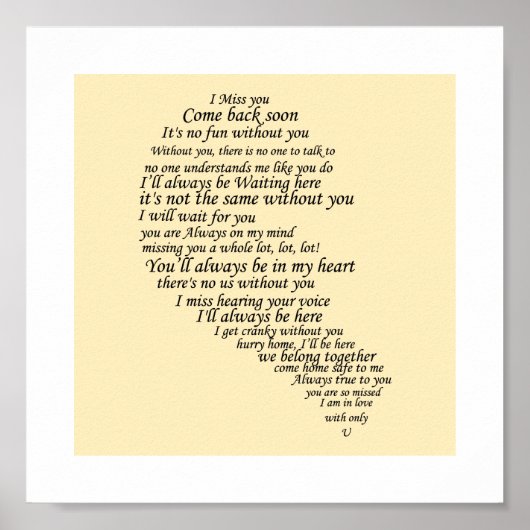 Ik mis je tekst in half hart poster (Voorkant)