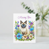 Ik mis je | Waterverf Siamese kat in bloemen Briefkaart (Staand voorkant)