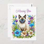 Ik mis je | Waterverf Siamese kat in bloemen Briefkaart (Voorkant / Achterkant)