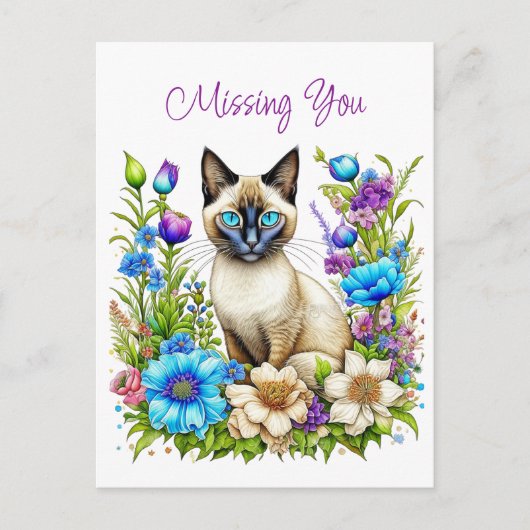 Ik mis je | Waterverf Siamese kat in bloemen Briefkaart (Voorkant)
