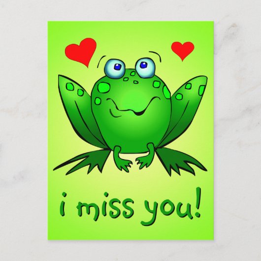 Ik Miss U Cute Green Frog Hearts Briefkaart (Voorkant)