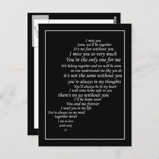 Ik Miss You Text ook, in de helft van het hart Briefkaart (Voorkant / Achterkant)