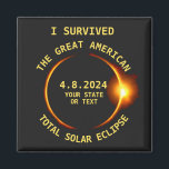 Ik overleefde de totale zonsverduistering 4.8.2024 magneet<br><div class="desc">Heb je de Great American total solar eclips op 8 april 2024 in uitzicht genomen? Prachtig! Deze coole magneet is de perfecte manier om deze historische gebeurtenis te herdenken en kan worden aangepast met uw staat of eigen tekst. Het ontwerp is voorzien van een donker silhouet van de maan dat...</div>