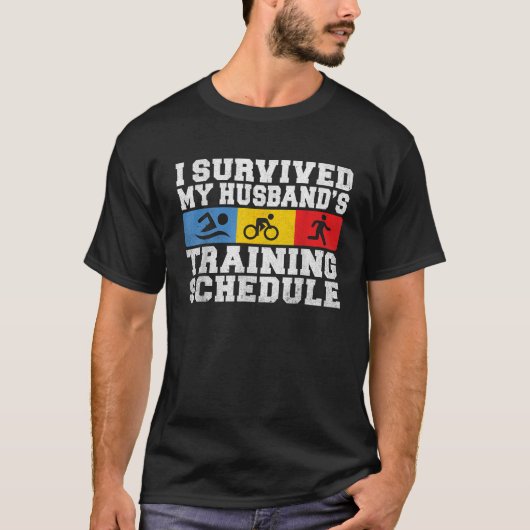 Ik overleefde mijn echtgenoten trainingsschema gra t-shirt (Voorkant)