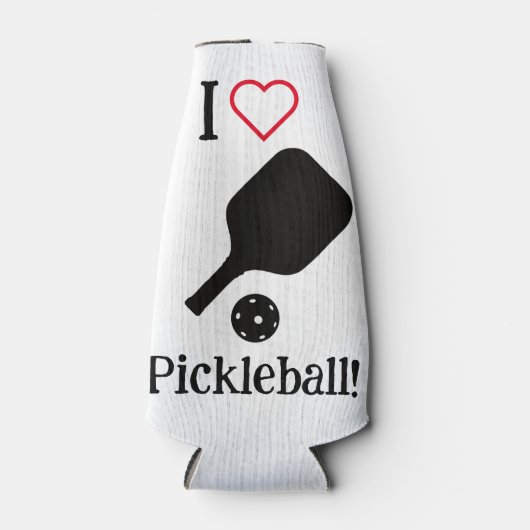 Ik ❤️ Pickleball in zwarte, witte en rode sticker. Flesjeskoeler (Voorkant)