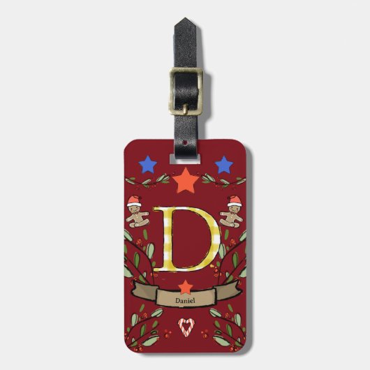 Ik reis voor kerstmonogram "D" met naam Bagagelabel (Voorkant verticaal)