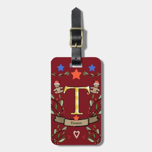 Ik reis voor kerstmonogram "T" met naam Bagagelabel (Voorkant verticaal)