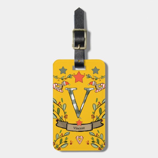 Ik reis voor kerstmonogram "V" met naam Bagagelabel (Voorkant verticaal)