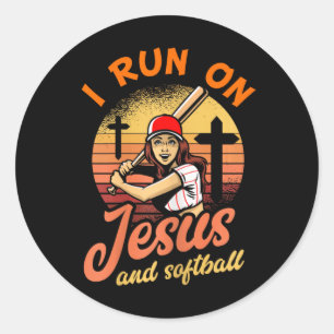 Ik ren op Jesus en softbal Christelijke speler cad Ronde Sticker