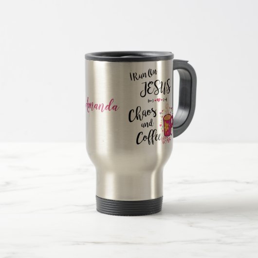 Ik ren op Jezus, Chaos en Coffee Travel Mug. Reisbeker (Voorkant rechts)