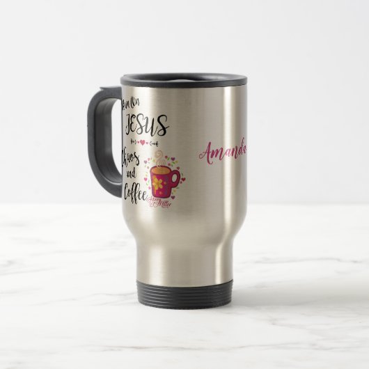 Ik ren op Jezus, Chaos en Coffee Travel Mug. Reisbeker (Voorkant links)