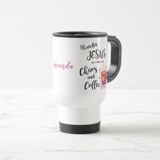 Ik ren op Jezus, Chaos en Coffee Travel Mug. Reisbeker (Voorkant rechts)