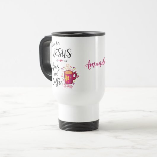 Ik ren op Jezus, Chaos en Coffee Travel Mug. Reisbeker (Voorkant links)