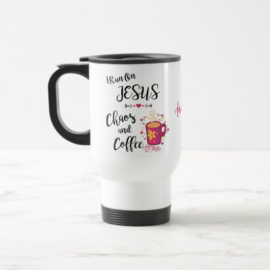 Ik ren op Jezus, Chaos en Coffee Travel Mug. Reisbeker (Links)