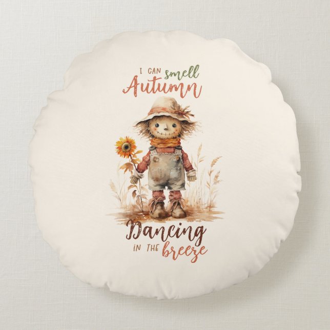 Ik ruik de herfst - Rustic Scarecrow & Sunflower Rond Kussen (Voorkant)