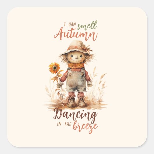 Ik ruik de herfst - Rustic Scarecrow & Sunflower Vierkante Sticker (Voorkant)