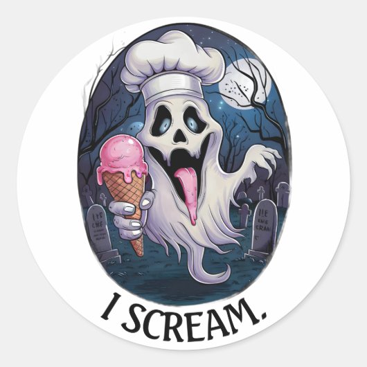 "Ik schreeuw" Grappige Ghost Chef Halloween Ice Cr Ronde Sticker (Voorkant)