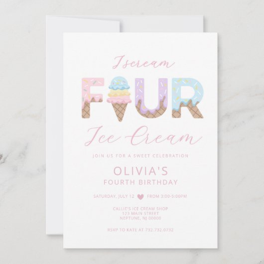 Ik schreeuw Vier Ice Cream Verjaardagsfeestuitnodi Kaart (Voorkant)