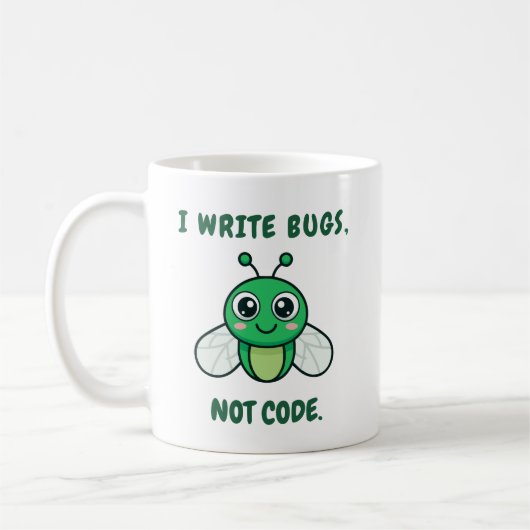 Ik schrijf bugs, geen code. koffiemok (Links)