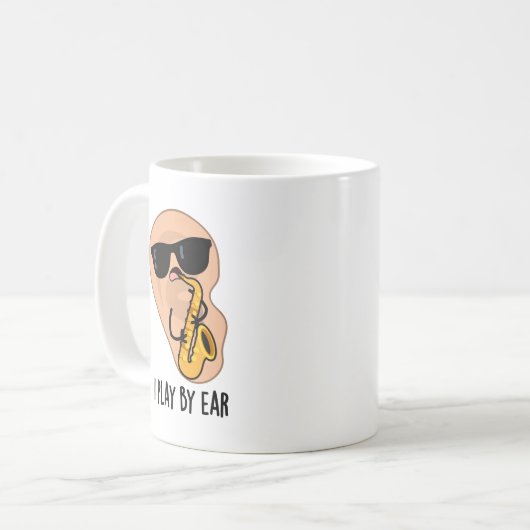 Ik speel op oor grappige saxofoon woordspeling koffiemok (Voorkant links)