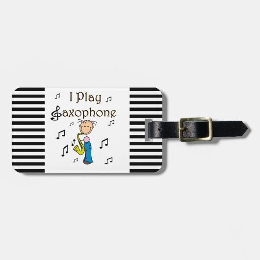 Ik speel Saxophone Stick Figuur T-shirts en cadeau Bagagelabel (Voorkant horizontaal)