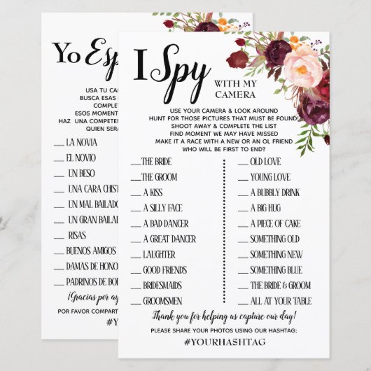 Ik Spy bruiloft receptiespel Engels Spaans (Voorkant / Achterkant)