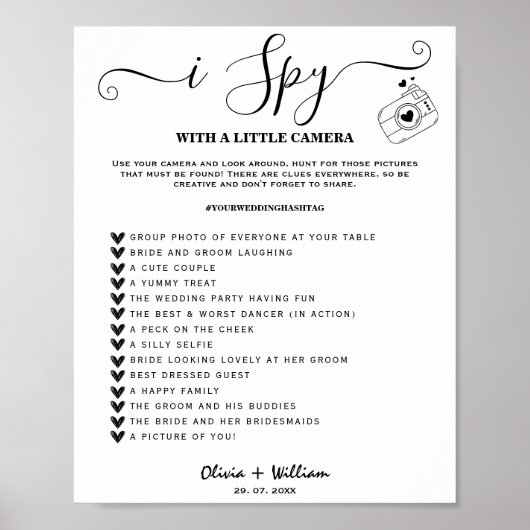 Ik Spy Photo Hunt Wedding Receptie Scavenger Game Poster (Voorkant)