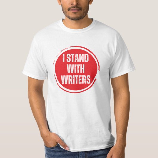 Ik sta bij de schrijvers red logo met witte tekst t-shirt (Voorkant)
