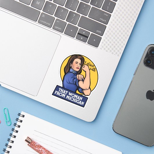Ik sta bij die vrouw uit Michigan Sticker (Laptop met iPhone)