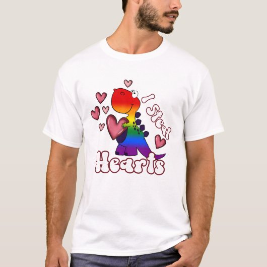 Ik steel harten, dinosaurus in regenboog vlag kleu t-shirt (Voorkant)