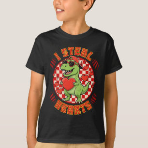 Ik steel harten Retro geruit Valentijnsdag Dinosau T-shirt